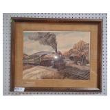 Framed Original Watercolor Painting of Train