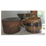 Small pottery and wooden box lot