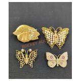 4 Gold Toned Butterfly Brooches