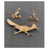 Solid copper roadrunner pin and earrings