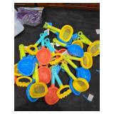 Box Lot Various Sandals, Sand Toys, Hat