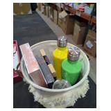Basket lot of bottles and pictures