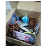 Box lot party supplies, window alarms, & pinecones