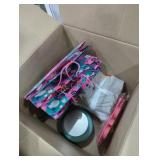 Box lot gift bags, candle, cat food, wash cloths