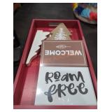 Tray of signs and tree decoration