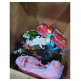 Box lot of garden stakes and 2 life vests