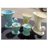 Vintage Shawnee pottery vases and candlestick