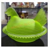 Vintage Indiana Glass Green Satin Hen on Nest