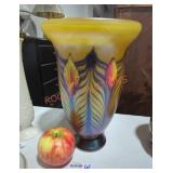 Pulled Feather Iridescent Yellow Art Glass Vase
