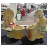 Vintage Shawnee Pottery Girl with Basket & Boy