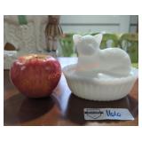 Vintage White Milk Glass Cat on Basket