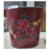 Vintage Floral Red Metal Trash Bin