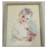 Vintage Menay Print Baby With Wooden Duck