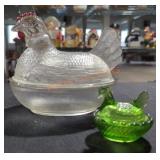Indiana Clear Glass Hen on Nest + Mini Green Hen