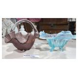 Vintage Glass Ruffled Basket & Footed Bowl
