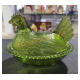 Vintage Indiana Glass Avocado Green Hen on Nest