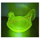 Vintage Yellow Uranium glass hen on nest