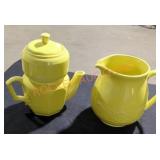 Vintage Shawnee yellow pottery teapot and pitcher