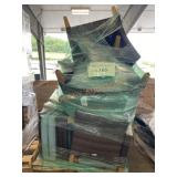 Set of 7 brown chairs, blue cushions