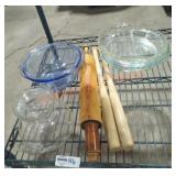 Glass Dishes, Rolling Pin & 2 Louisville Mini Bats Glass Dishes, Rolling Pin & 2 Louisville Mini Bats