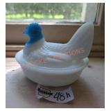 Milk Glass Hen on Nest with Blue Head Milk Glass Hen on Nest with Blue Head
