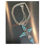 Silver Tone Turquoise Cross Necklace