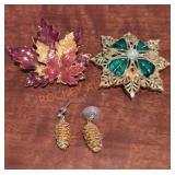 2 Gold Tone Brooches & Pinecone Earrings