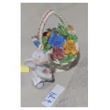 Porcelain Elephant & Flower Basket Figurines