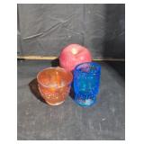 Carnival Glass and blue pressed glass cup.