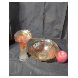 Carnival glass vase and bowl.