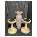 Wooden Candle Holders and Pink Vase - Qty 3