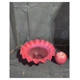 Fenton Cranberry Opalescent Hobnail ruffled bowl.