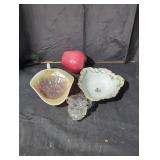 Porcelain glass dish and Carnival glass dish.
