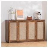 Vintage Brown Wood Rattan Sideboard