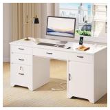 White Exec Desk with Lockable File Drawer