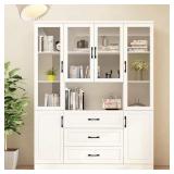 White Wood Storage Cabinet with Glass Doors
