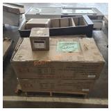 Brown cabinet, sofa, dining chairs