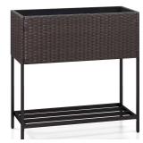 Metal Elevated Planter Box with Rattan Shelf