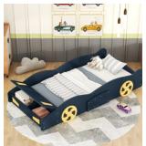 Twin Size Racecar Platform Bed, Dark Blue/Yellow