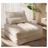 Beige Teddy Fabric Twin Sofa Bed, 3-in-1