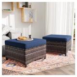 Wicker Outdoor Ottoman with Blue Cushions