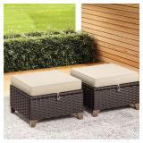Wicker Patio Ottoman Set with Beige Cushions