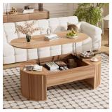 Light Brown Oval Coffee Table with Lift Top