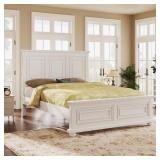 White Vintage Wood Frame King Bed with Pine