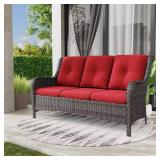 3-Seat Wicker Patio Sofa with Red Cushions
