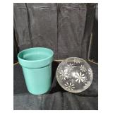 Teal Planter and Floral Glass Bowl Set