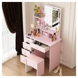 Pink 5-Drawer Vanity with Stool