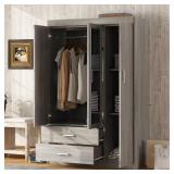 Gray Wood Wardrobe with Shelves and Drawers