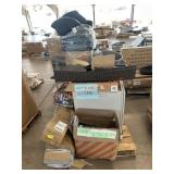 Whicker chair, tarp, tool belt, unopened boxes