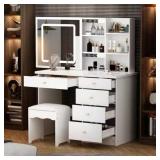 5-Drawer White Makeup Vanity with Mirror & Stool